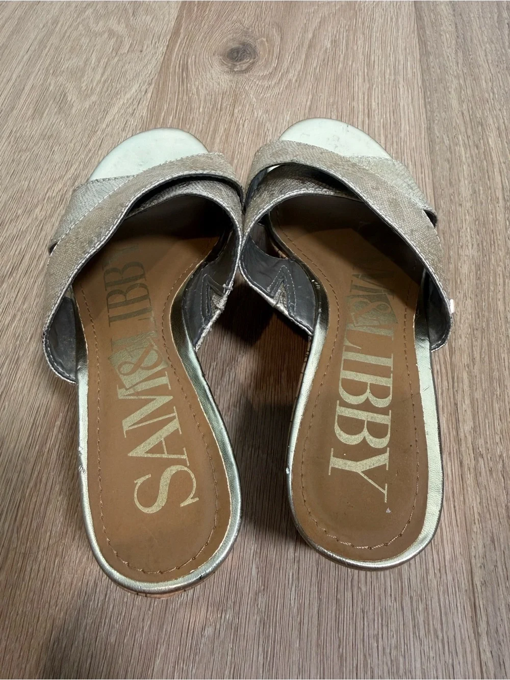 Sam & Libby Gold Metallic Cork Wedge Slide Sandals Size 6.5 Criss Cross